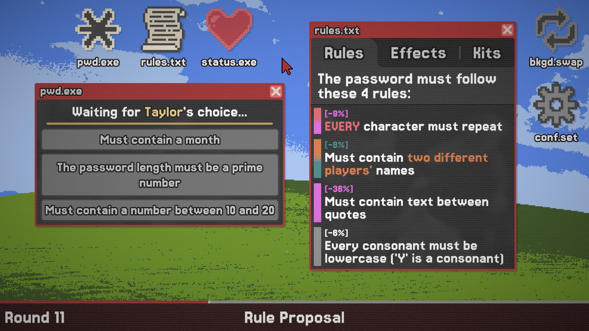 Rule proposal: a player picks one of three new rules while four rules are already active