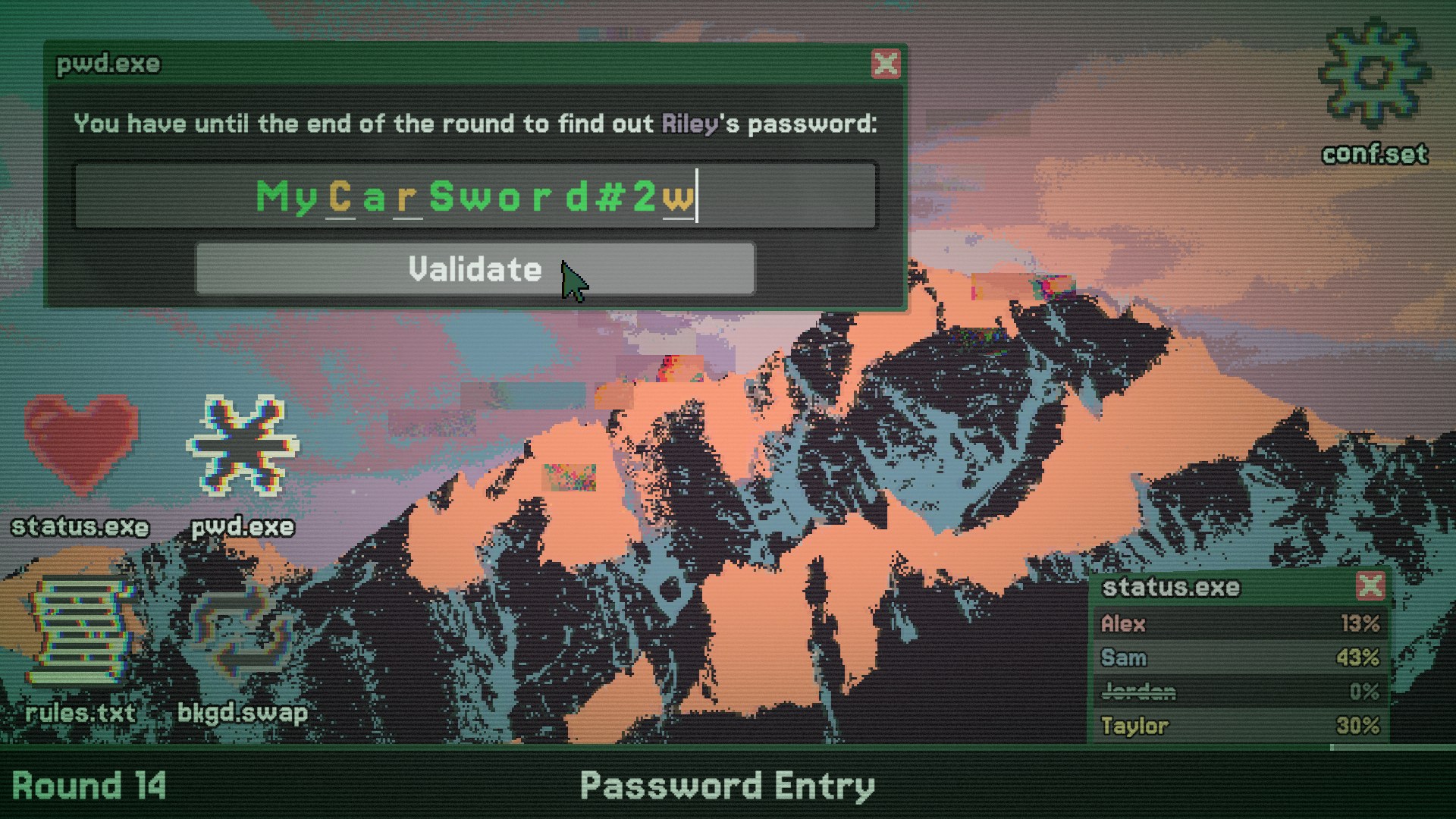 A knocked-out player guesses another player's password, with matched letters highlighted